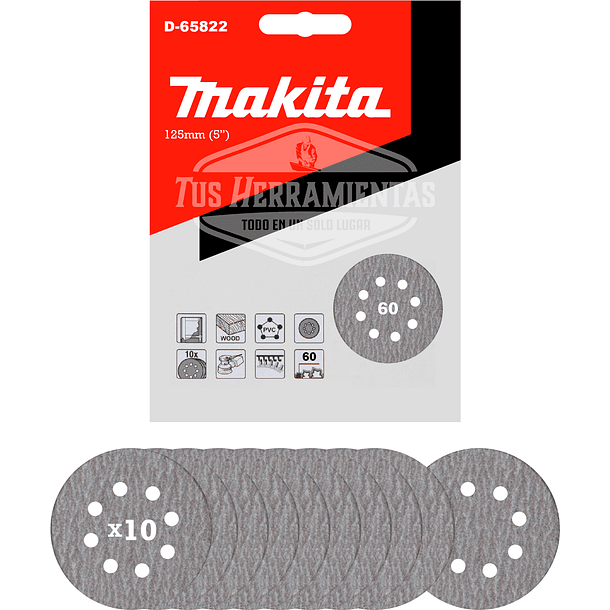 Discos Lija Velcro (10u) 125mm (5'') Grano 60 Makita D-65822