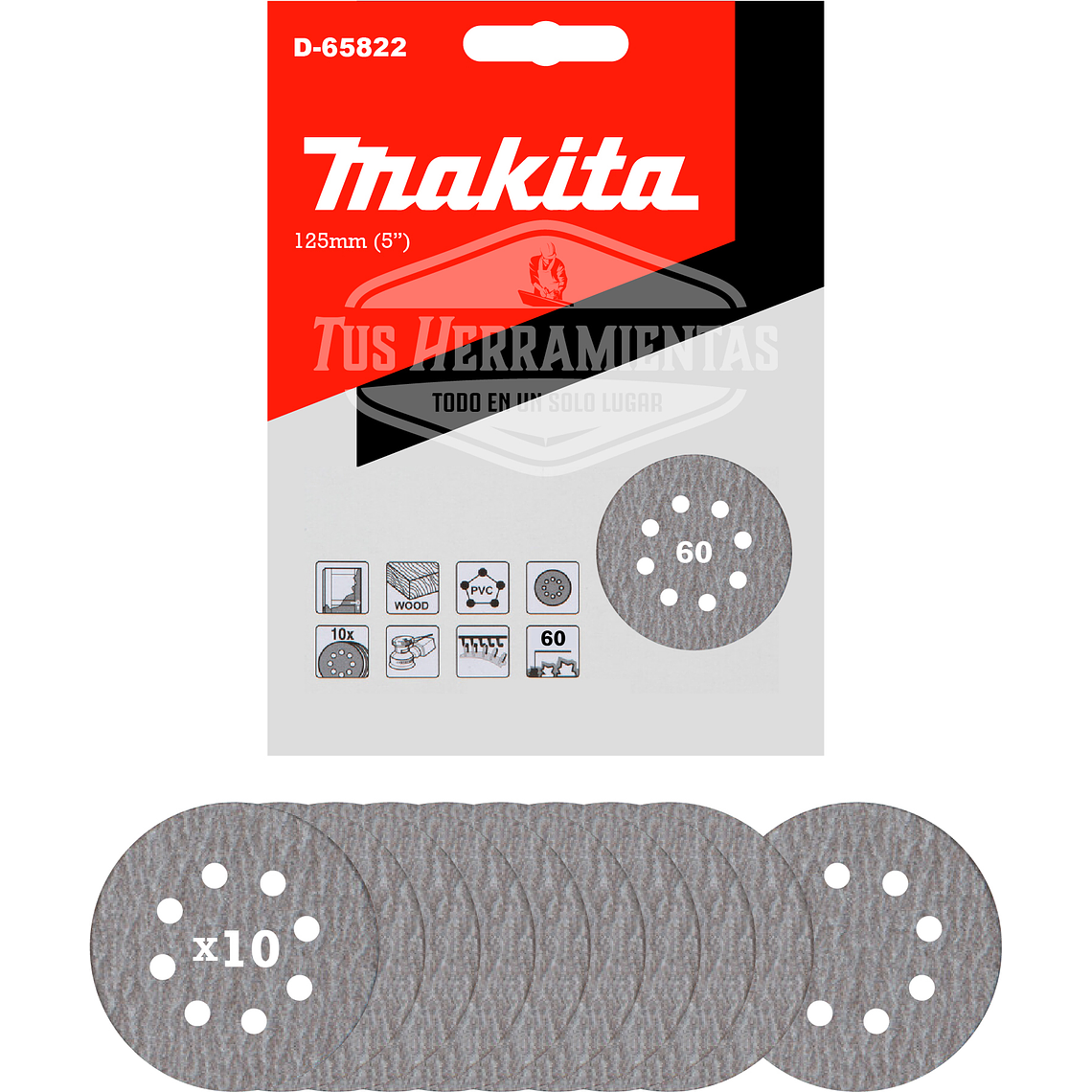 Discos Lija Velcro (10u) 125mm (5'') Grano 60 Makita D-65822 3