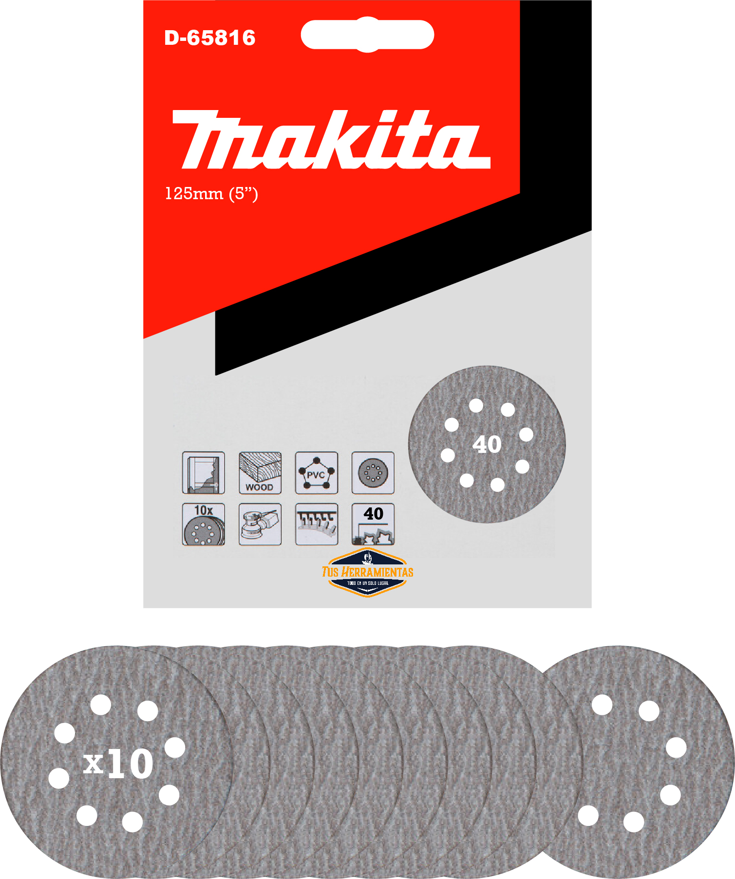 Discos Lija Velcro (10u) 125mm (5'') Grano 40 Makita D-65816