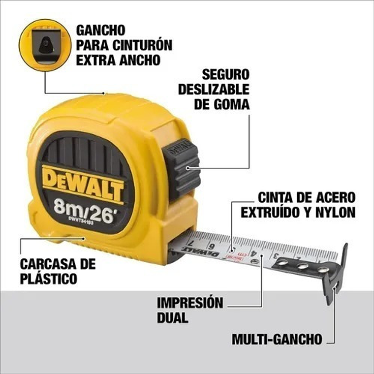 Huincha De Medir 8m/26' Diseño Compacto Dewalt Dwht34193l 3
