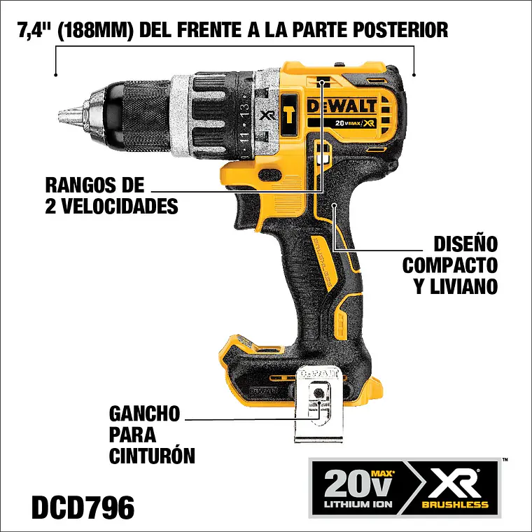 Taladro Percutor 20v S/carbones + 2 Bat 5ah Dewalt Dcd796p2 3