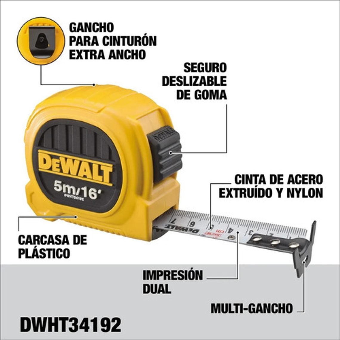 Huincha De Medir 5m/16' Diseño Compacto Dewalt DWHT34192L 6