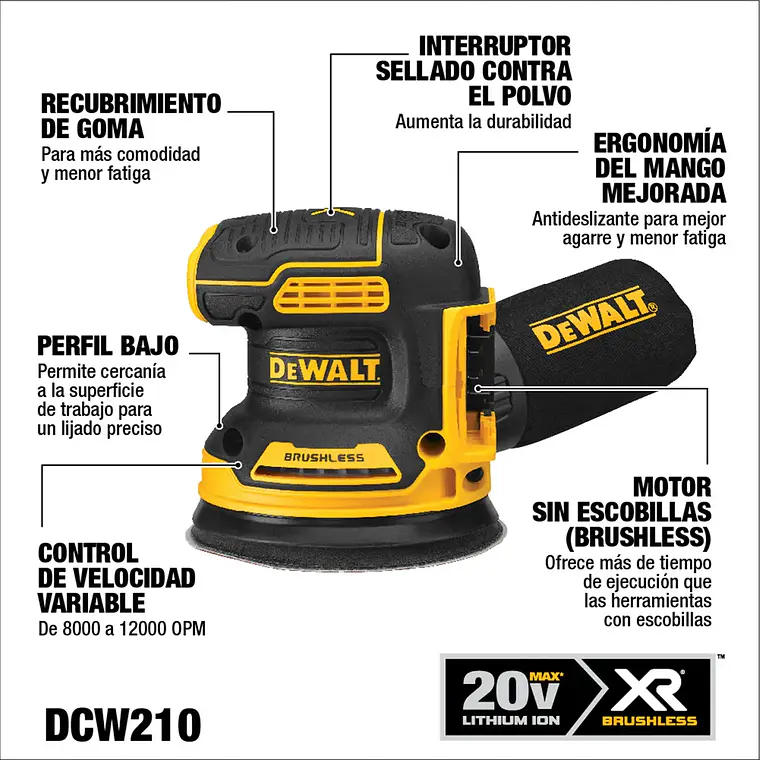 Lijadora Orbital Inalámb. 20v Xr Brushless Dewalt Dcw210p1 4