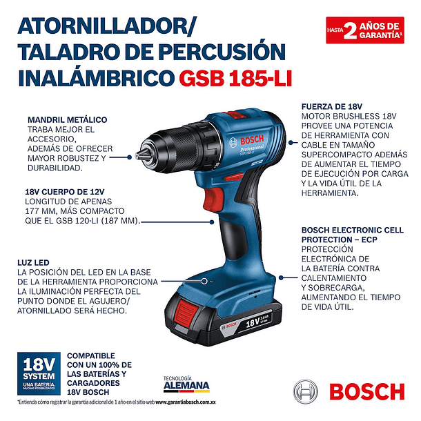 Taladro Atornillador Percutor Bosch Inalámbrico GSB 18V-LI - 18v +