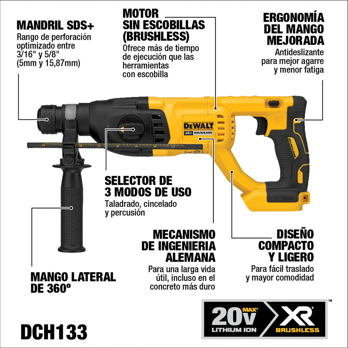 Rotomartillo Sds 20v S/carbones S/batería Dewalt Dch133b-b3 3