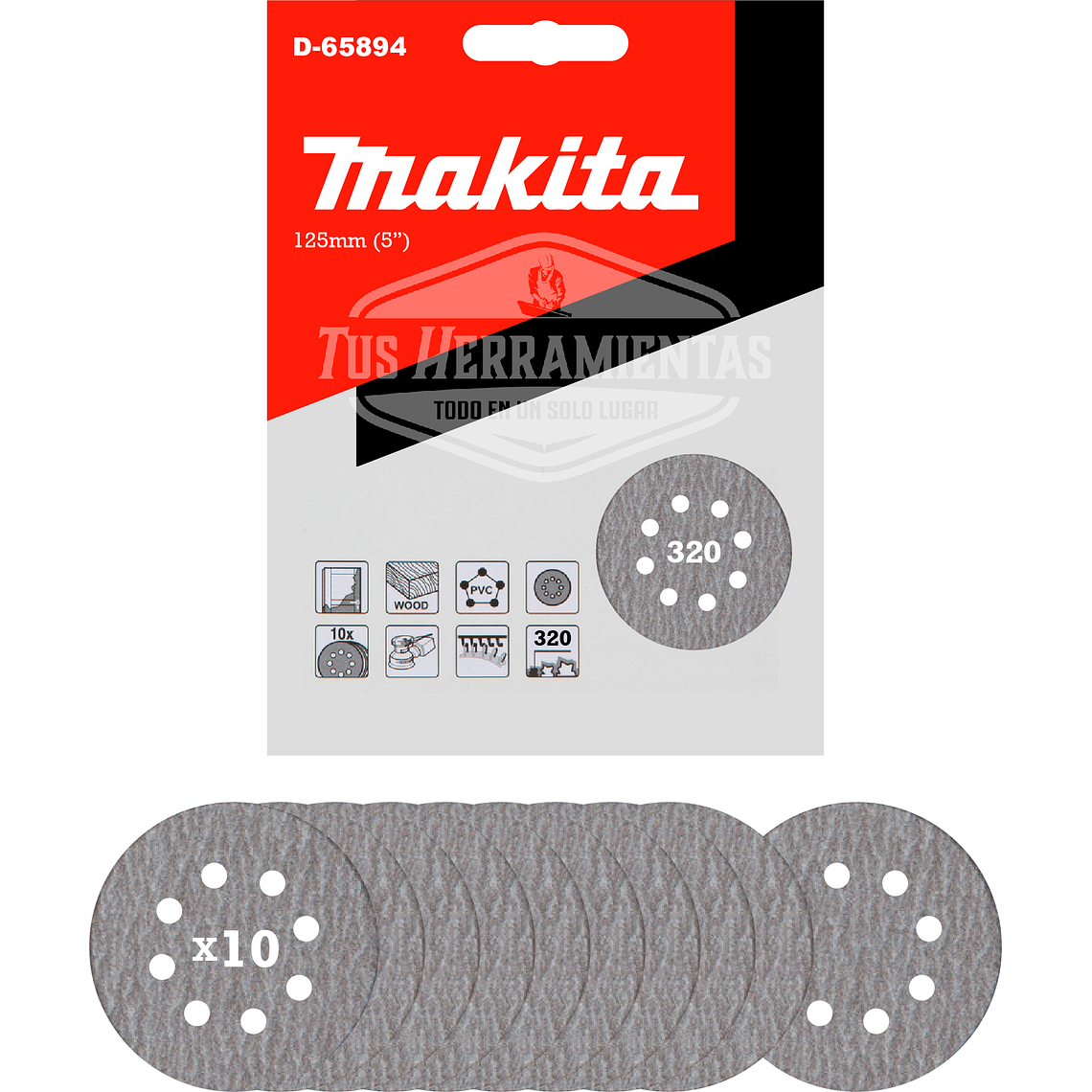 Discos Lija Velcro (10u) 125mm 5'' Grano 320 Makita D-65894 2