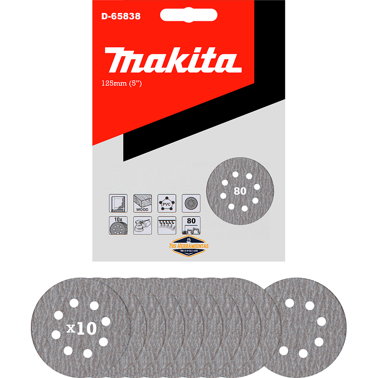 Discos Lija Velcro (10u) 125mm (5'') Grano 80 Makita D-65838 2