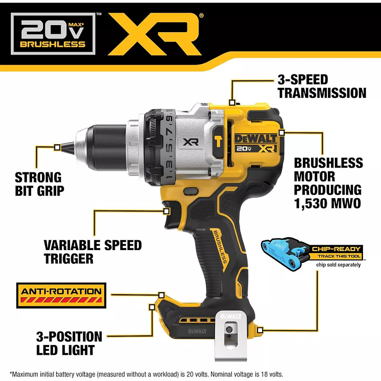 Taladro Percutor Dewalt Dcd1007b 20v Xr sin bateria 5