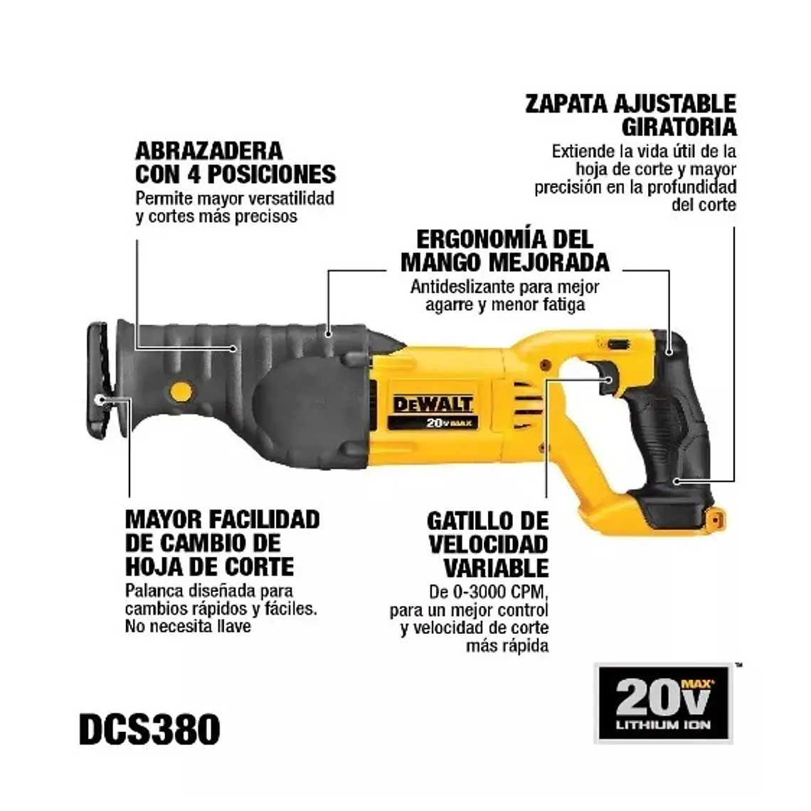 Sierra Sable Inalámbrica  Velocidad Variable Dewalt Dcs380B 3