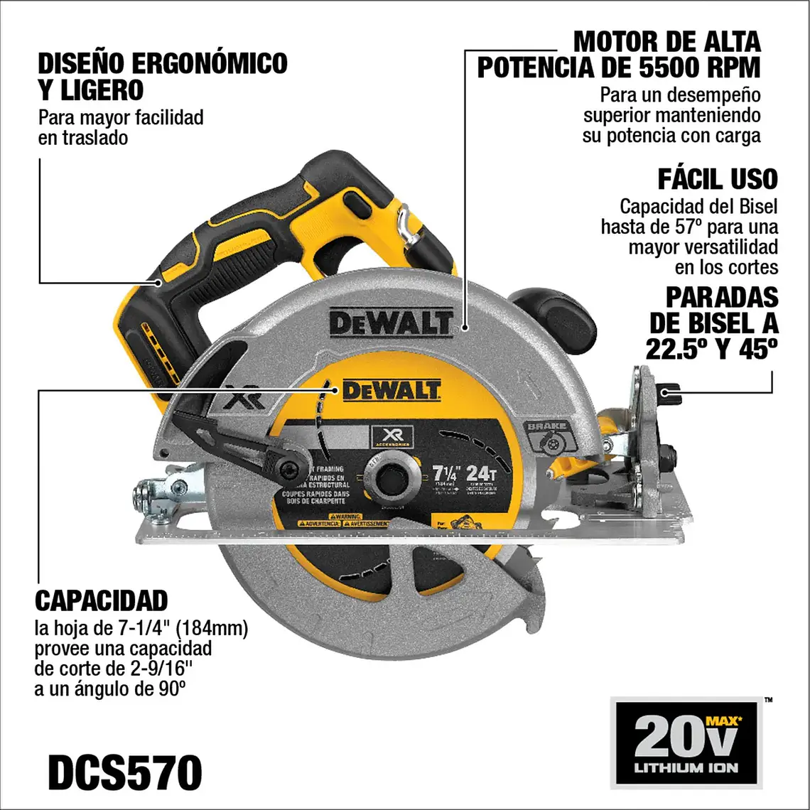 Sierra Circular Inalambrica 7 1/4 20v Xr Dcs570p1 Dewalt 3