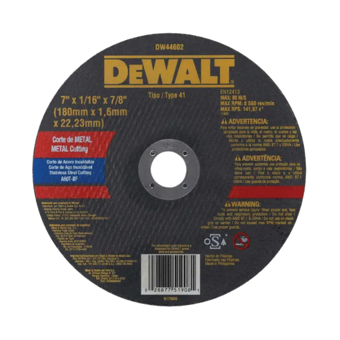 Disco De Corte Para Metal Dewalt 7'' 180mm DW44602 1