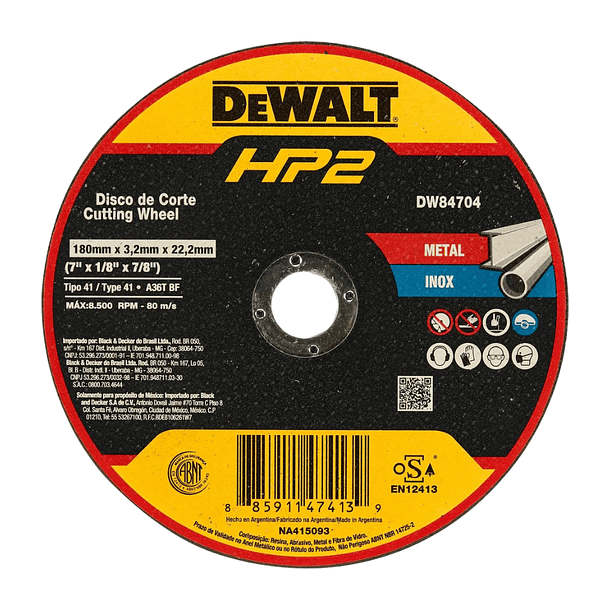 Disco Corte 7'x1/8' Ac. Inox./metal Plano Dewalt Dw84704 1