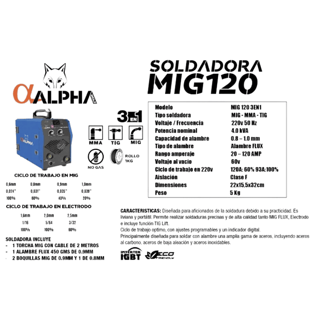 Soldadora Profesional Mig 120 AMP 3en1 Alpha Pro 4