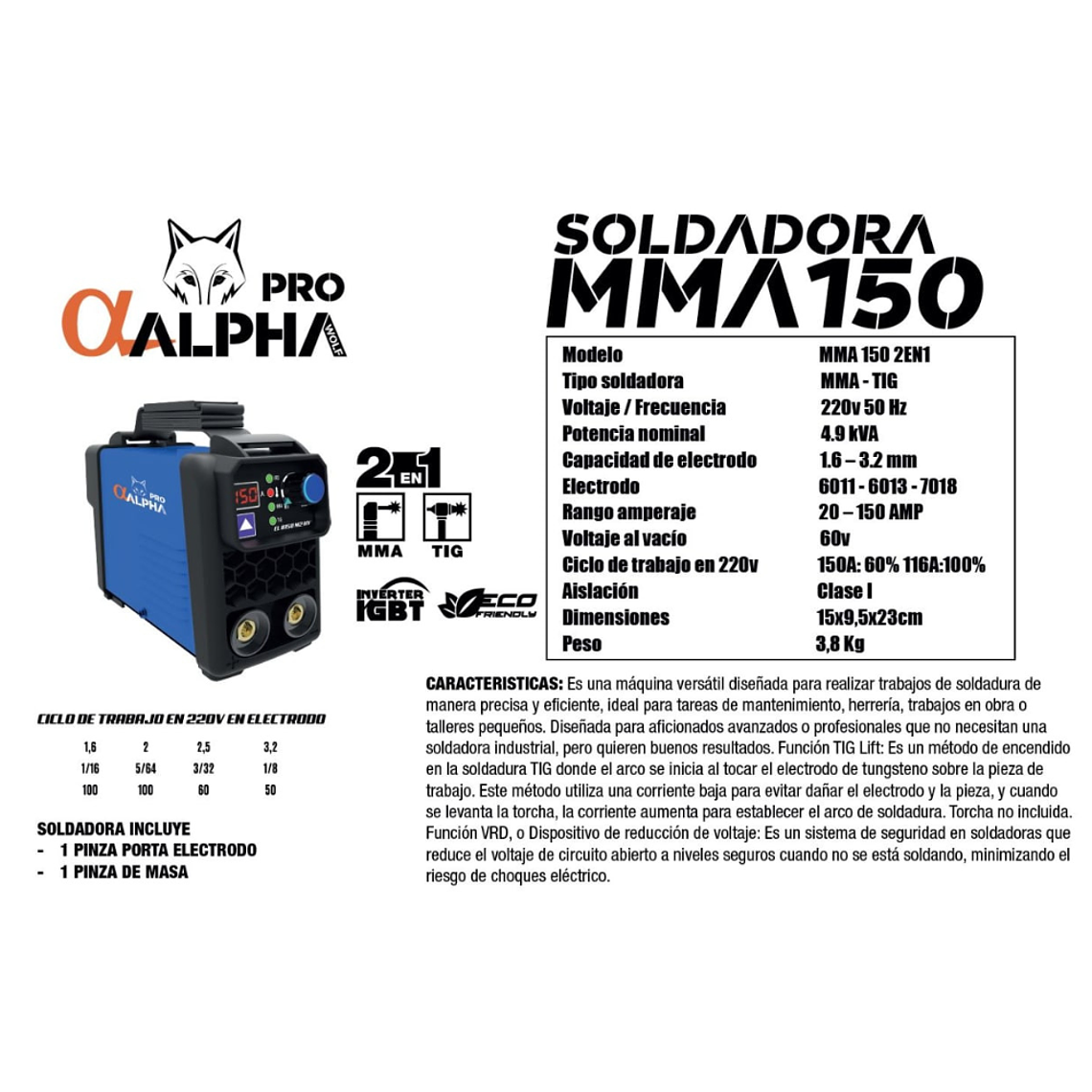 Soldadora Inverter MMA 150Amp 2en1 +TIG LIFT ALPHA Pro 3