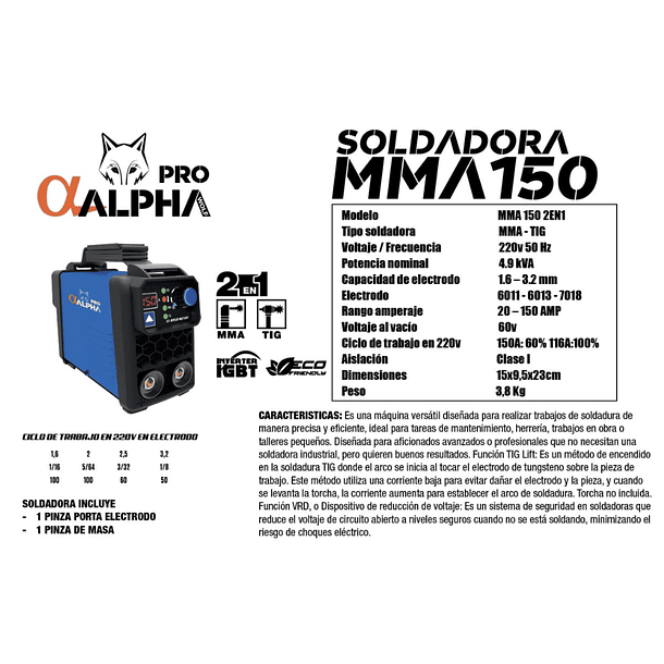 Soldadora Inverter MMA 150Amp 2en1 +TIG LIFT ALPHA Pro 3