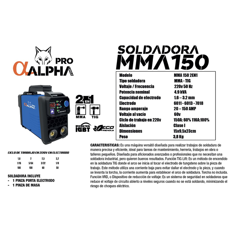 Soldadora Inverter MMA 150Amp 2en1 +TIG LIFT ALPHA Pro 3
