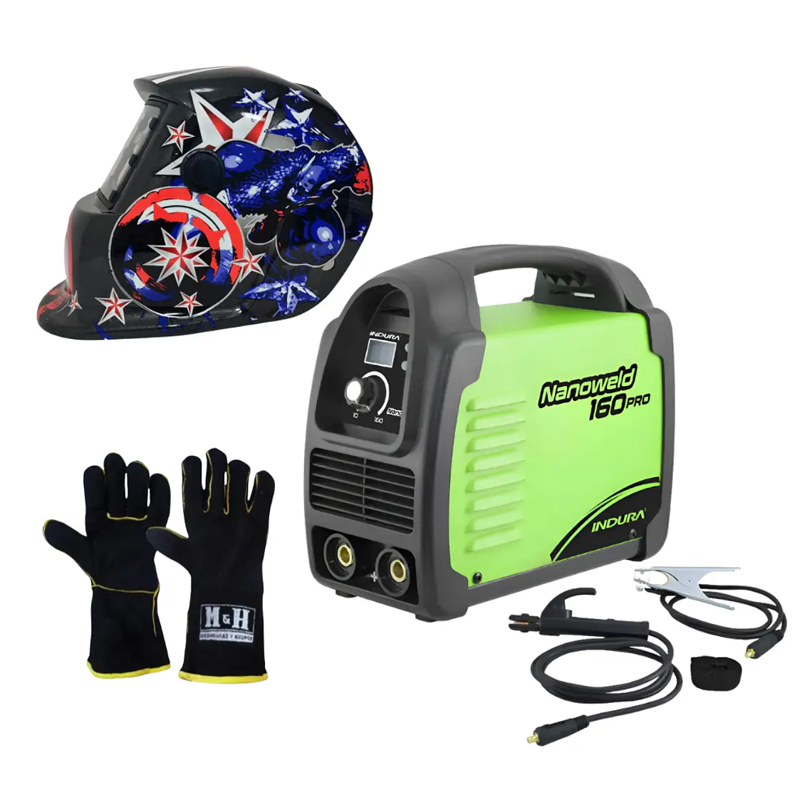 kit Soldadora Indura 160A + Máscara Redbo RBLYE26 + Guante 1