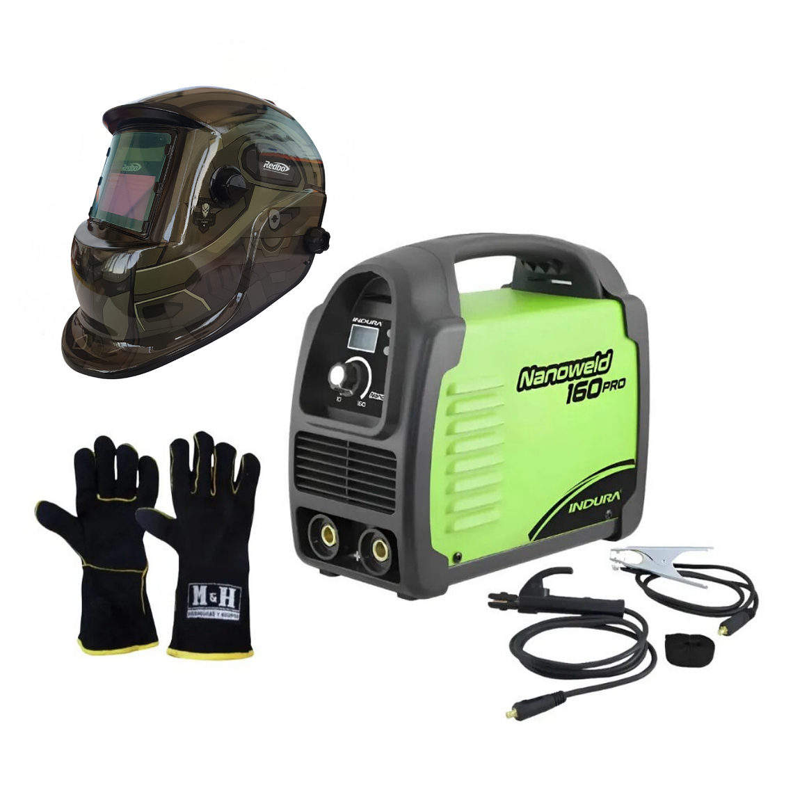 kit Soldadora Indura 160A + Máscara Redbo RBLYE95H + Guante 1