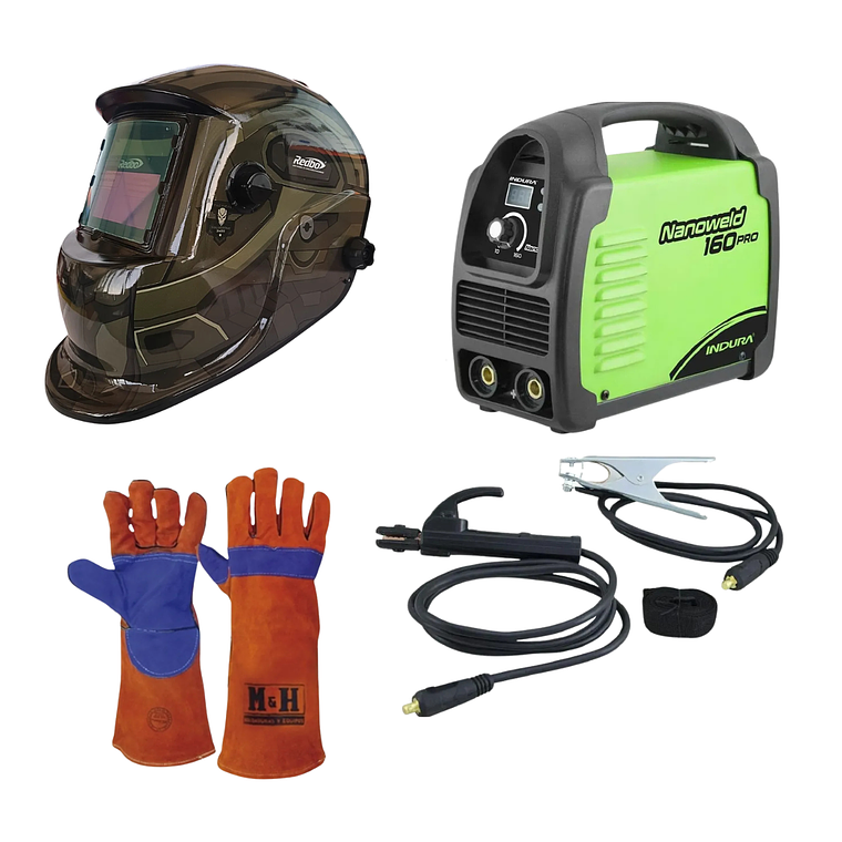 kit Soldadora Indura 160A + Máscara Redbo RBLYE95H + Guante 1