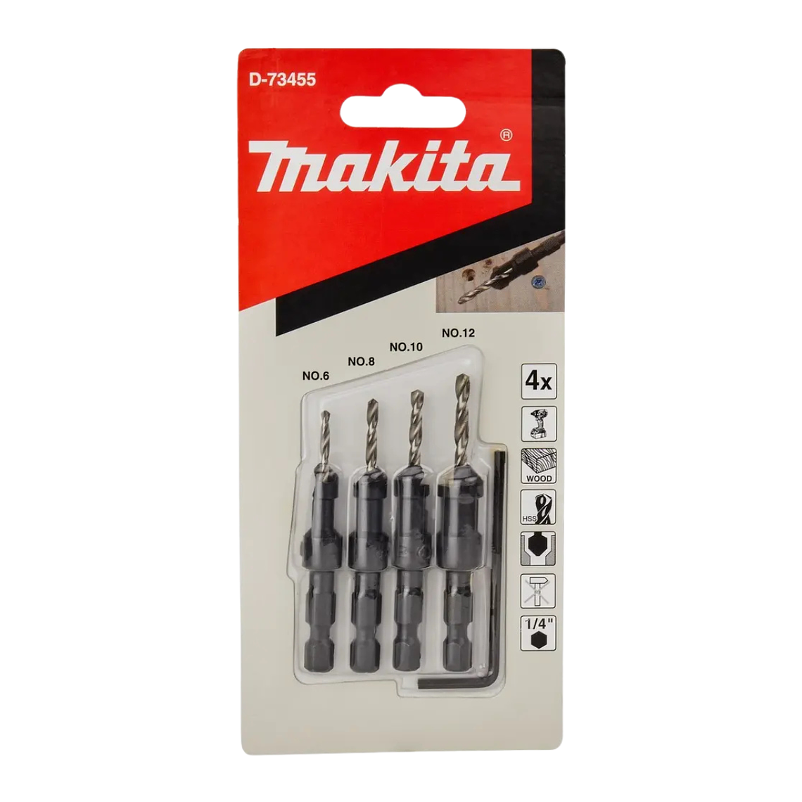 Set Brocas Avellanado 4pzs 6-8-10-12mm Cortas Makita D-73455 3