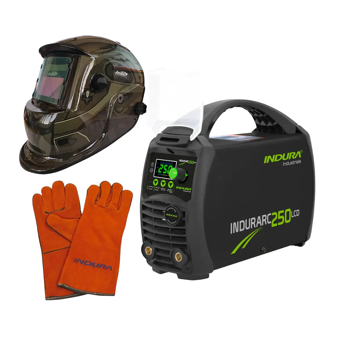 kit Soldadora Indura 250A + Máscara Redbo RBLYE95H + Guante 1