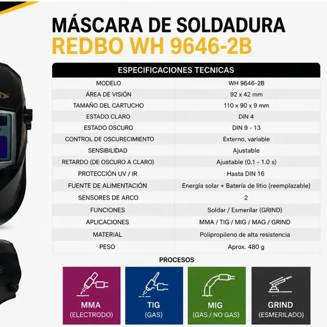 Máscara De Soldar Profesional Fotosensible Redbo Wh9646-2b 4