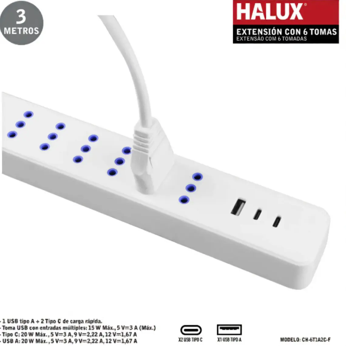 Alargador Eléctrico HALUX 6Tomas 3Metros Zapatilla Eléctrica 3