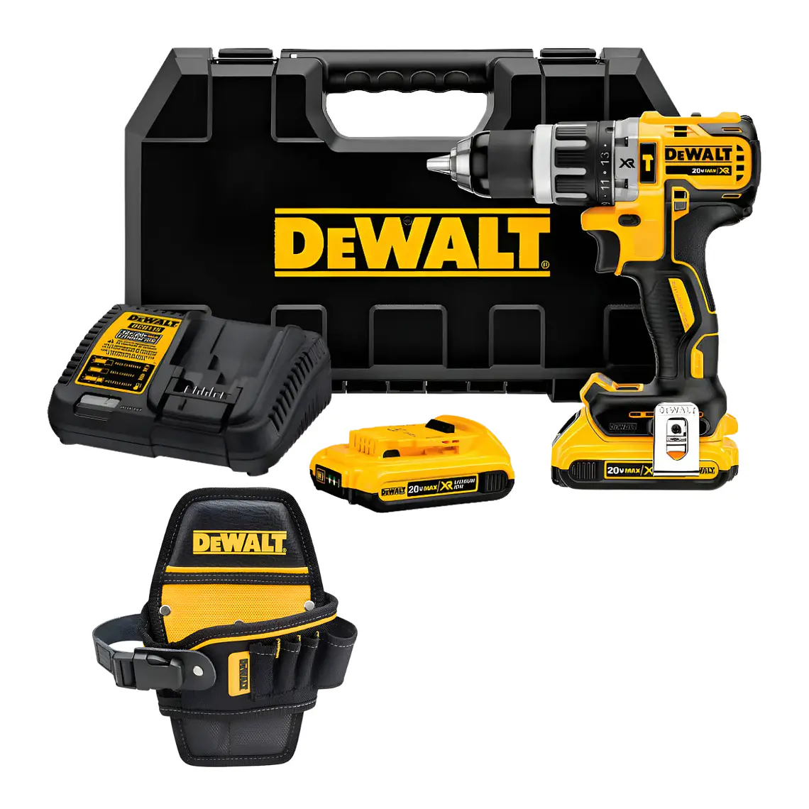 Kit DeWALT Taladro 20V 2Bat/Car + Porta Taladro 6 Bolsillos 1