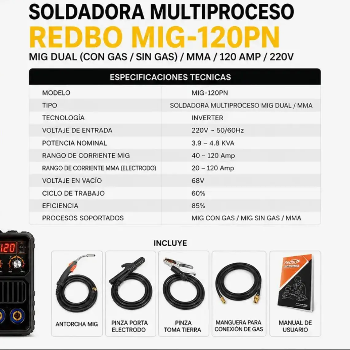 Soldadora Inverter Multiproceso Redbo 120A 2en1 MIG120PN  4