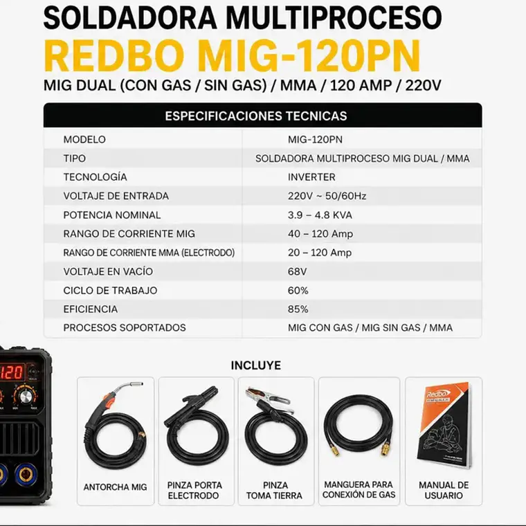 Soldadora Inverter Multiproceso Redbo 120A 2en1 MIG120PN  4