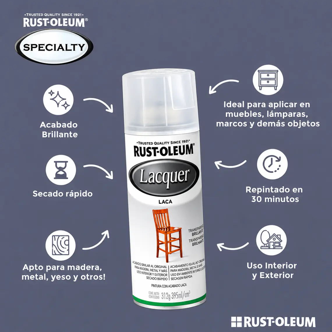 Laca Spray Transparente Brillante Rust-Oleum Lacquer 312 g 2