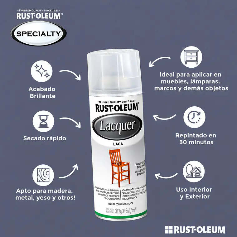 Laca Spray Transparente Brillante Rust-Oleum Lacquer 312 g 2