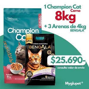 Champion Cat Adulto 8 kilos sabor Carne + 3 arenas Bengala 4 kilos