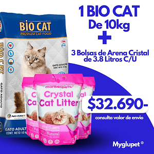 Bio Cat 10 kilos + 3 bolsas de arenas cristal 3.8 litros