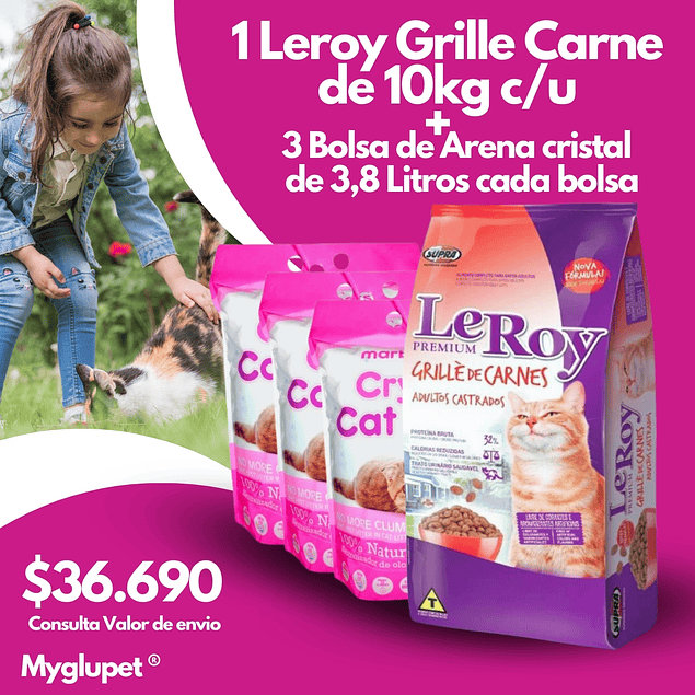 Leroy Grille carne 10 kilos + 3 bolsas arena cristal 3.8 litros