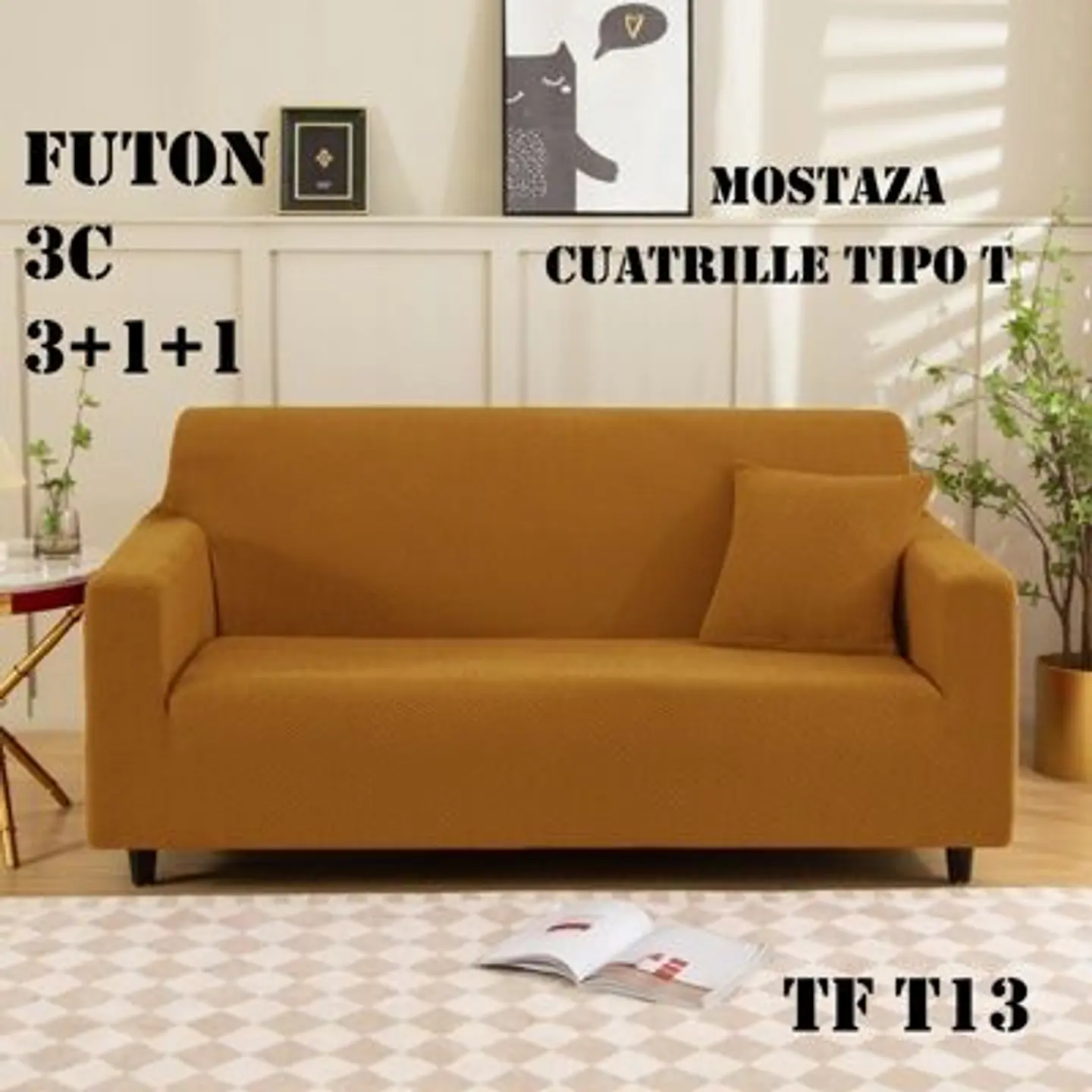Fundas Sillon Sofa Texturizada Y Elasticadas 3 Cuerpos Mostaza 1