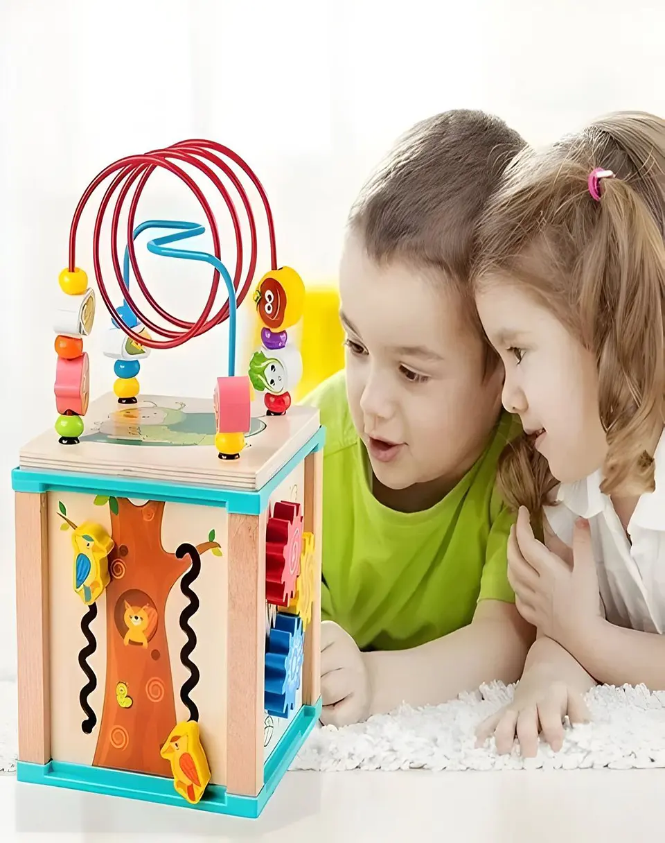 Cubo Madera Montessori Laberinto Didáctico Bebés 2
