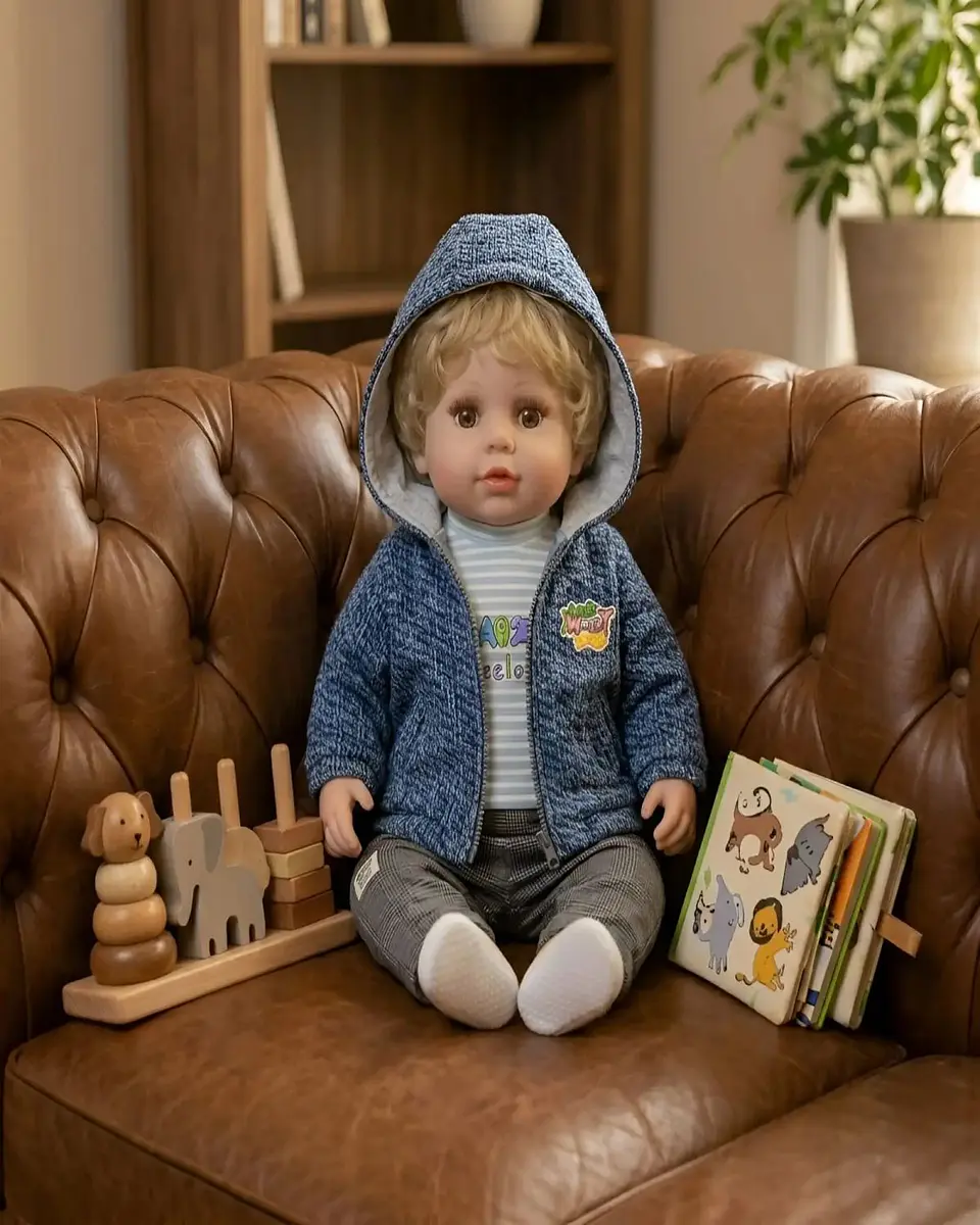Muñeco Reborn Realista para Niños con Conjunto Azul Melange y Capucha 1