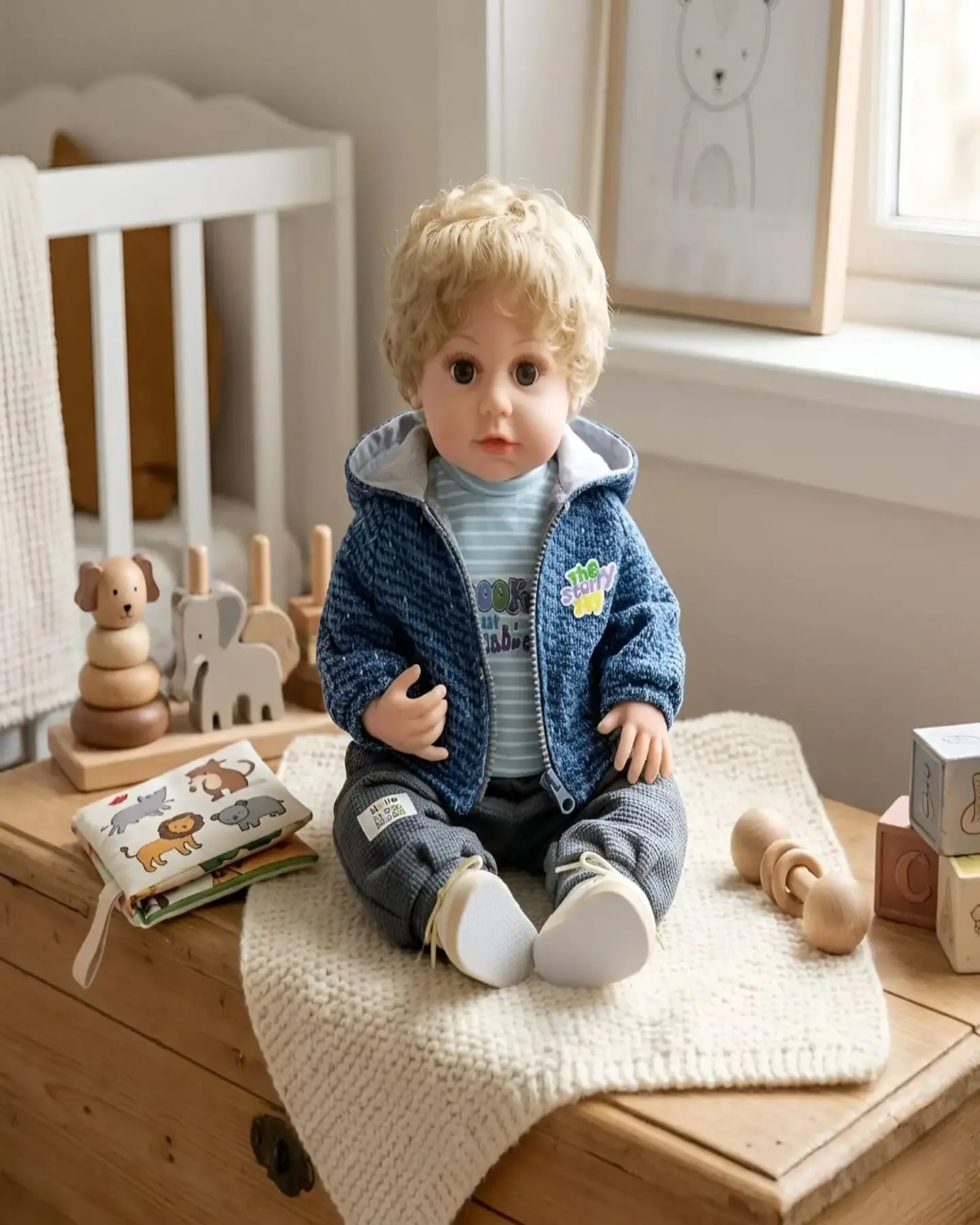 Muñeco Reborn Realista para Niños con Conjunto Azul Melange y Capucha 3