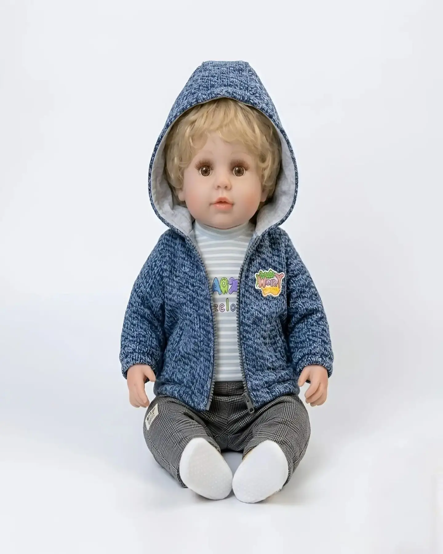 Muñeco Reborn Realista para Niños con Conjunto Azul Melange y Capucha 6