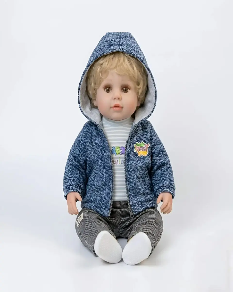 Muñeco Reborn Realista para Niños con Conjunto Azul Melange y Capucha 6
