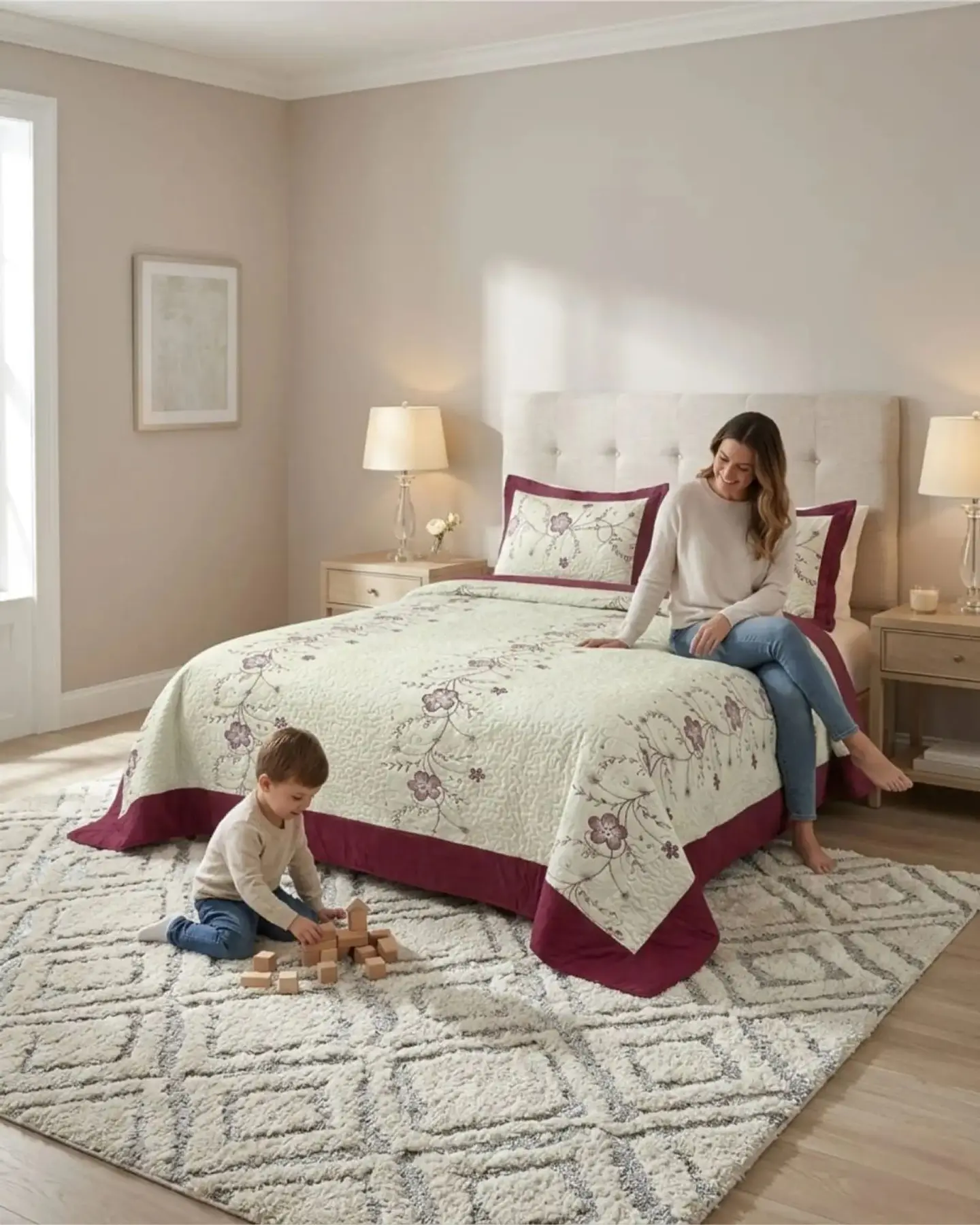 Cubrecama Quilt Verano King Bordado Floral Set Colcha Delgado 2