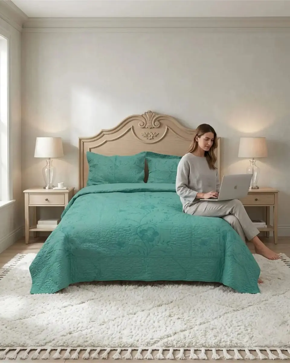 Cubrecama Quilt Verano King Bordado Floral Set Colcha Delgado 5