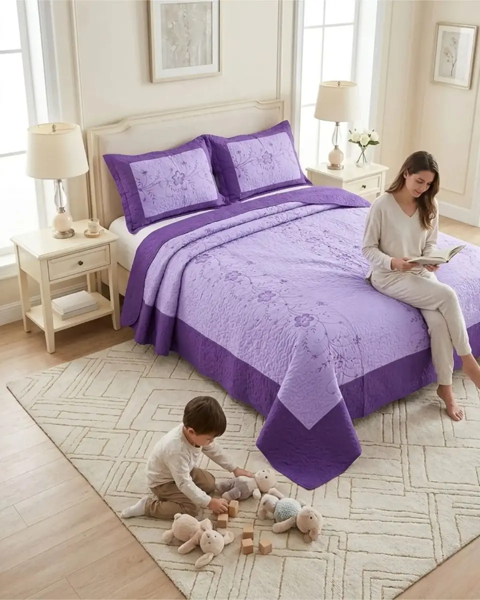 Cubrecama Quilt Verano King Bordado Floral Set Colcha Delgado 2