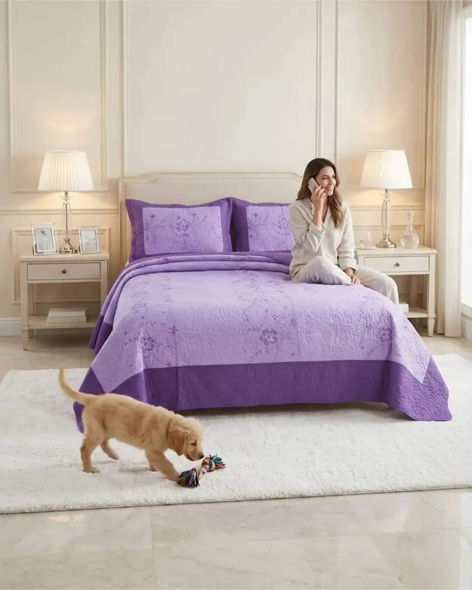 Cubrecama Quilt Verano King Bordado Floral Set Colcha Delgado 3