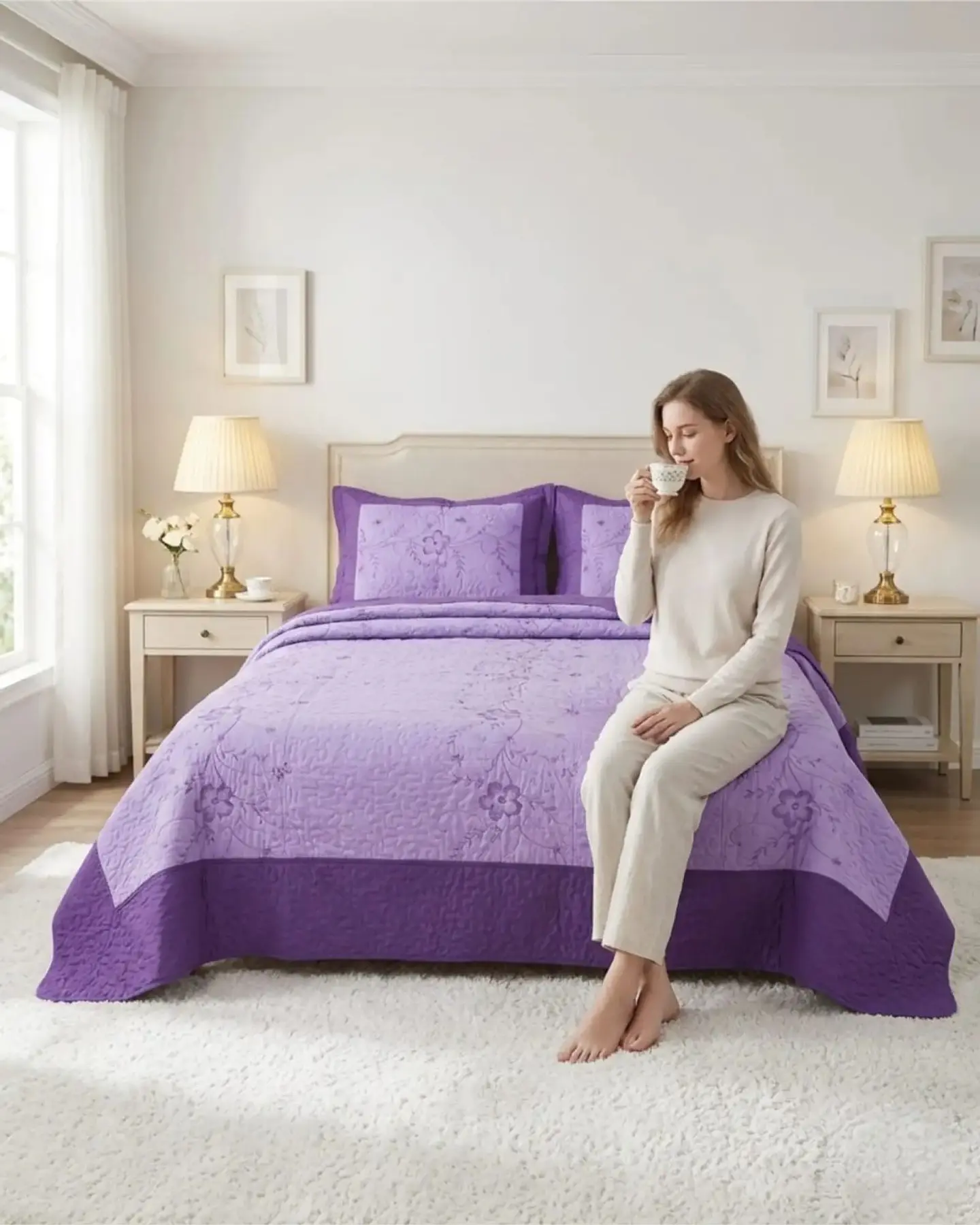 Cubrecama Quilt Verano King Bordado Floral Set Colcha Delgado 4