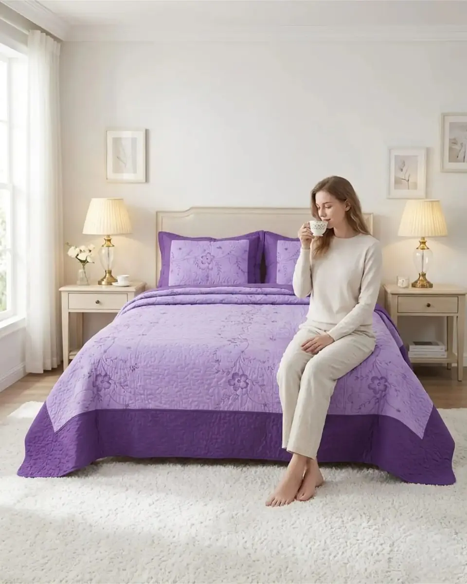 Cubrecama Quilt Verano King Bordado Floral Set Colcha Delgado 4
