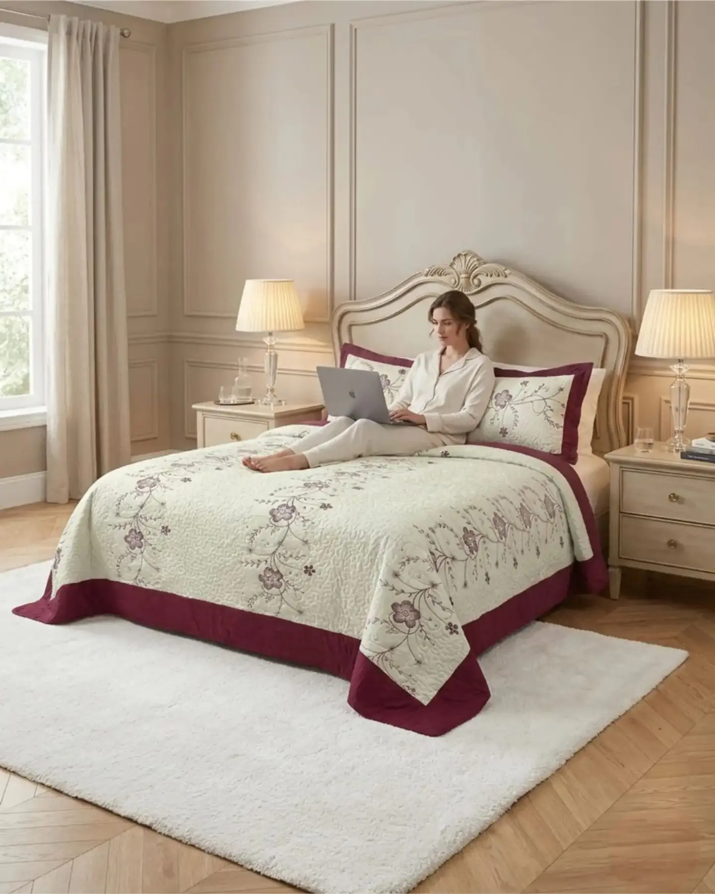 Cubrecama Quilt Verano 2 Plazas Bordado Floral Set Colcha Delgado 3
