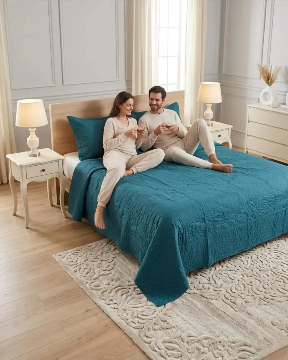 Cubrecama Quilt Verano 2 Plazas Bordado Floral Set Colcha Delgado 2