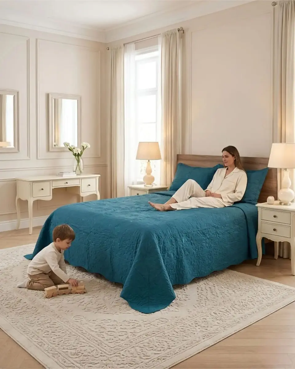 Cubrecama Quilt Verano 2 Plazas Bordado Floral Set Colcha Delgado 3